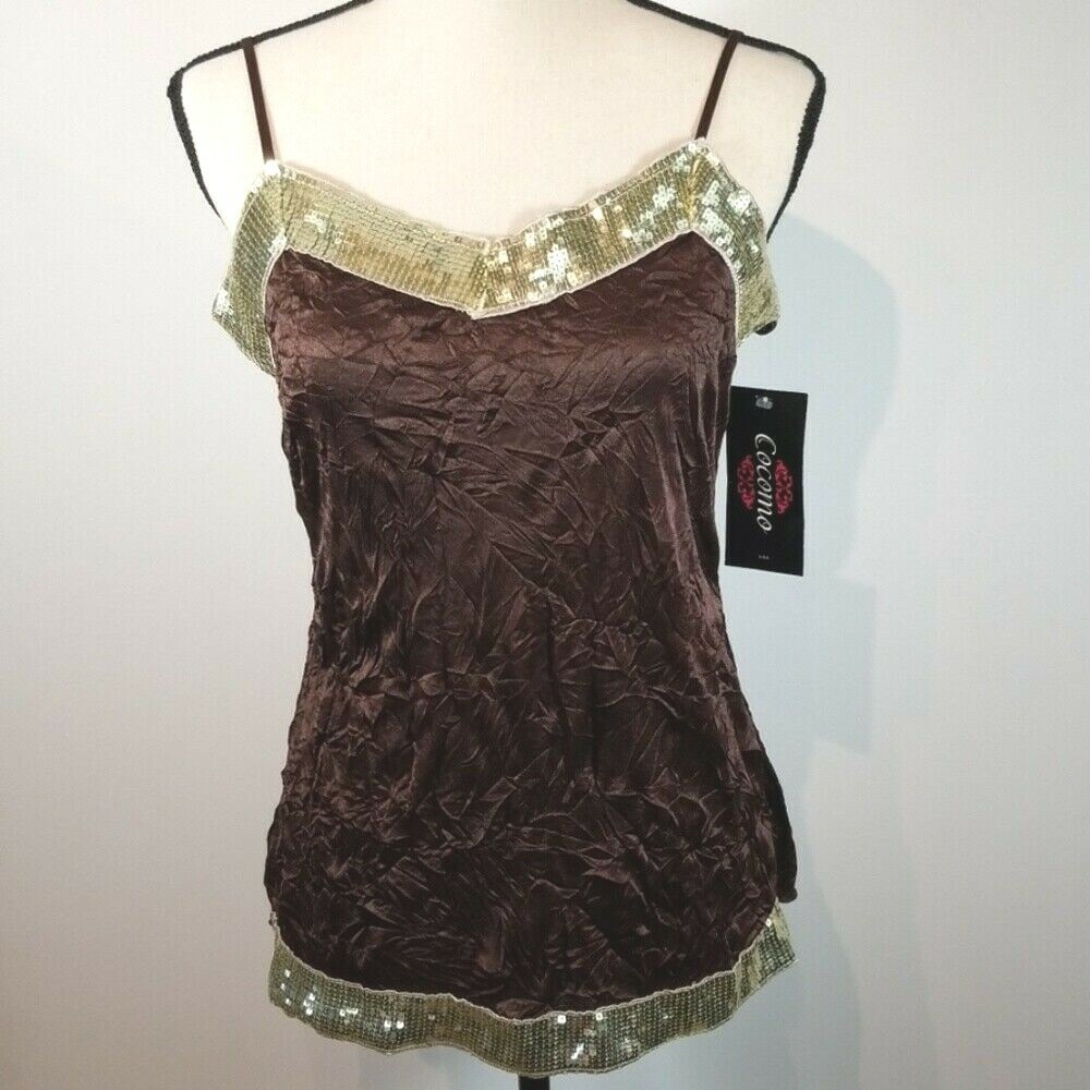 Cocomo Crushed Texture Look Long Cami Brown & Gold Sequin Size Small NWT *FLAW